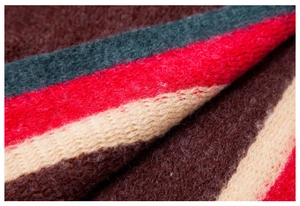 Macro shot of colorful knitted acrylic winter scarf with thick stripes and soft texture