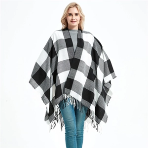 Women Plaid Poncho Wrap Open Front Shawl With Tassels Soft Acrylic Winter Warm Cape Buffalo Check Outwear