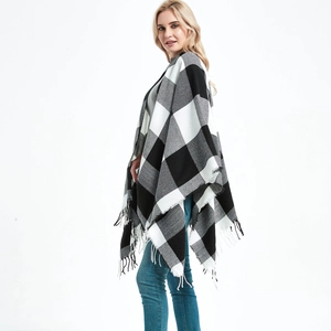 Classic black and white plaid shawl wrap with fringe tassels for women in autumn style