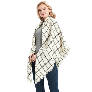Classic black and beige plaid oversized cashmere-feel scarf shawl with fringe edges