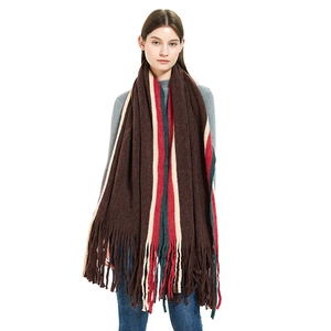 Long knitted scarf with colorful stripes and long fringe in warm autumn winter tones