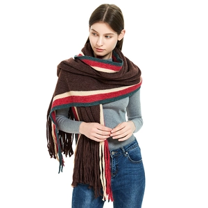Thick colorful striped acrylic knit scarf with long tassels for autumn and winter warmth