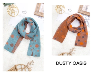 Detail of thick knitted winter scarf with polka dot patterns and soft wool texture