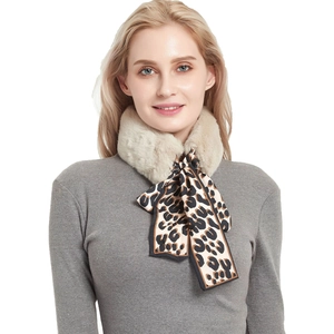 Women Winter Faux Rabbit Fur Scarf Thickened Warm Neck Warmer Leopard Print Satin Ribbon Bow Tie Elegant Collar