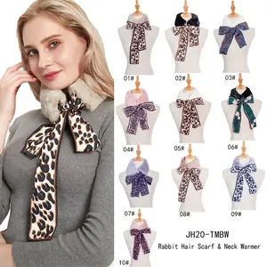 Faux rabbit fur scarf for women with elegant leopard print silk ribbons in various colors