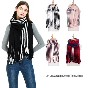 Warp-knitted fine striped scarves with fringe tassels for men and women in four colors