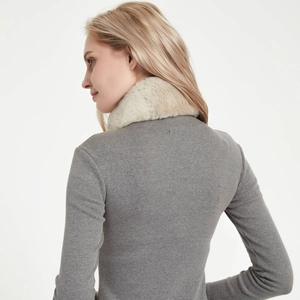 Women's grey ribbed knit sweater with elegant faux fur collar for autumn and winter