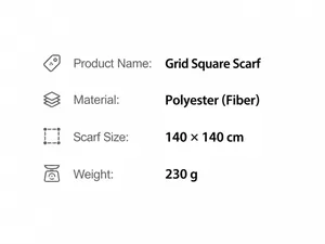Tabel met specificaties van 140x140cm geruite sjaal en productgewicht van 230g