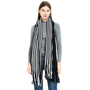 Knit scarf with black and white vertical stripes and long tassels for men and women