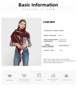 Detail view of burgundy plaid scarf 140x140cm showing material specs and style details