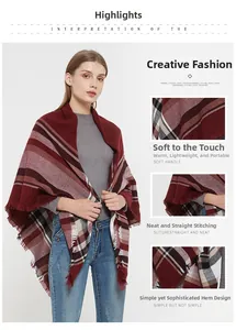 Detail of burgundy plaid shawl featuring soft fabric texture and delicate fringe edges