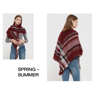 Detail view of wine red plaid scarf with fringes shown on front and back of female model