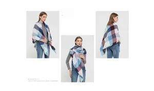 Detail of multi-color checkered scarf with fringes in blue, pink, and purple tones