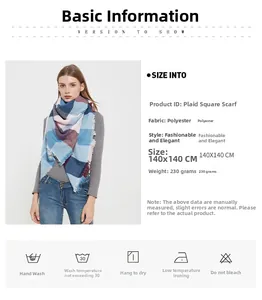 Detail view of 140x140cm plaid scarf with specifications and tassel edges