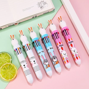 Detail of 10-color retractable ballpoint pens featuring 3D cute rabbit topper designs
