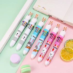 Set of 6 cartoon rabbit 10-color shuttle pens in pastel pink and blue macaron shades