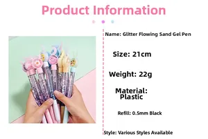 Detail showing 21cm colorful glitter liquid sand pen with cute moon and rabbit toppers