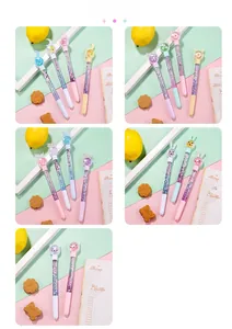 Close-up of glitter floating in pastel liquid pens with cute cartoon toppers