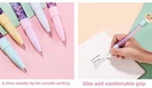 Close-up of 0.5mm needle point tip and purple glitter liquid sand aesthetic gel pen