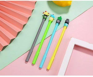 Close-up of cute cactus gel pens with Sunny Day silicone toppers in four colors