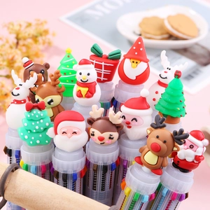 10-Farben Weihnachts-Kugelschreiber mit kreativen Cartoon-Weihnachtsmann- und Rentier-Toppern