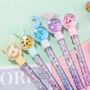 Five creative liquid quicksand gel pens with cartoon toppers and colorful sequins