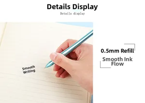 Detailed view of light blue hammer shaped pen with 0.5mm tip writing on a notebook
