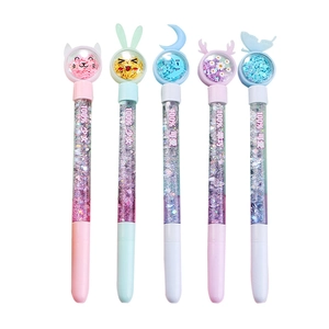 Set of 5 colorful liquid glitter pens with cute 3D toppers including cat and rabbit