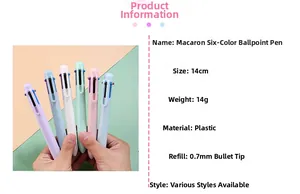 Detail view of macaron 6-color ballpoint pen with 0.7mm tip and 14cm length dimensions