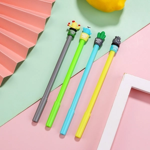 Set of four cute cartoon cactus and animal pens on a colorful creative background