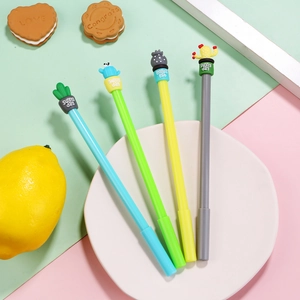 Set of cute cactus gel pens in pastel colors with soft rubber tops for school stationery