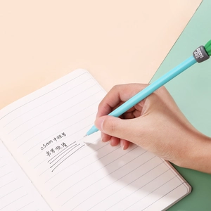 0.5mm light blue cactus-style gel pen shown writing on notebook in a modern creative setting