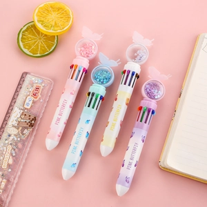 Set of four butterfly 10-color retractable ballpoint pens with sequin globe topper
