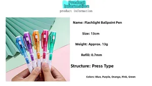 Stylo bille LED multifonctionnel montrant cinq couleurs et les paramètres de taille