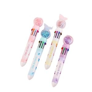Set of four 10-in-1 butterfly retractable ballpoint pens with sequin globe toppers