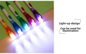 Détail de cinq stylos à bille à LED colorés pour l'écriture et l'éclairage nocturne