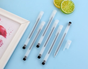 Detail of frosted clear gel pens with needle point tips and anti-slip matte texture
