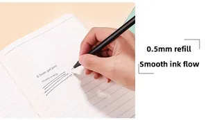 Close-up of 0.5mm black ink gel pen writing smoothly on a notebook with handwriting
