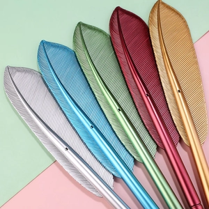 Set of 5 creative vintage feather-shaped pens in metallic silver, blue, green, red and gold