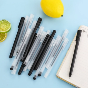 Minimalist black and translucent matte gel pens on a light blue desk with stationery
