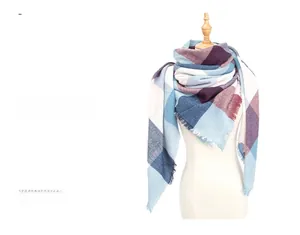 Detail of colorful plaid scarf with fringed edges and multi-color large square pattern