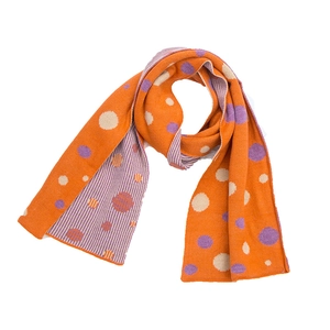 Vibrant orange knitted scarf with purple polka dots and striped inner for kids' winter wear