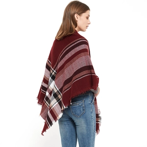 Women's burgundy oversized plaid shawl wrap with fringe edges for autumn winter fashion