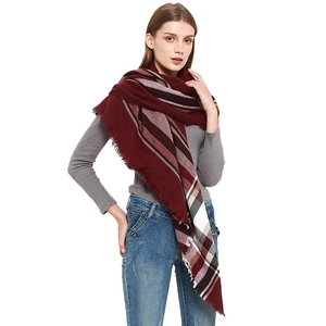 Burgundy checkered plaid scarf for women with tassels and soft knit fabric wrap