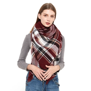 Plaid oversized shawl scarf with fringe in red white and black grid pattern for women