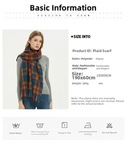 Detail of soft plaid scarf in orange, yellow, and blue checkered polyester fabric