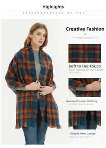 Close-up of soft plaid scarf fabric with peacock blue pattern and fringe tassel detail