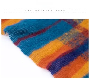 Macro detail of plaid scarf fabric texture with soft orange and blue brushed wool finish