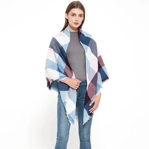 Plaid square shawl scarf in blue and fuchsia high-density weave with soft fringe edges