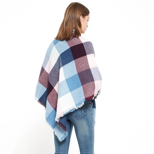 Classic large plaid shawl with blue and burgundy check pattern and fringe tassels